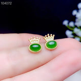 Crown Green Jade Stud Earrings 925 Silver Plated Oval Gem for Women