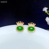 Crown Green Jade Stud Earrings 925 Silver Plated Oval Gem for Women