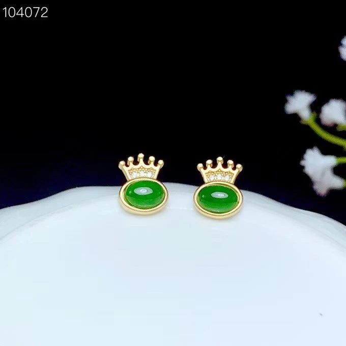 Crown Green Jade Stud Earrings 925 Silver Plated Oval Gem for Women