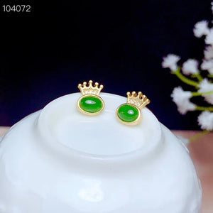 Crown Green Jade Stud Earrings 925 Silver Plated Oval Gem for Women