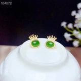 Crown Green Jade Stud Earrings 925 Silver Plated Oval Gem for Women