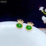 Crown Green Jade Stud Earrings 925 Silver Plated Oval Gem for Women