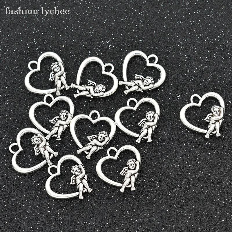 10pcs Angel Wings Love Heart Charms Tibetan Silver Beads For DIY Jewelry Making