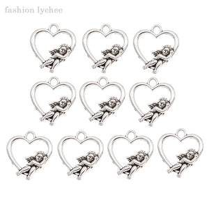 10pcs Angel Wings Love Heart Charms Tibetan Silver Beads For DIY Jewelry Making