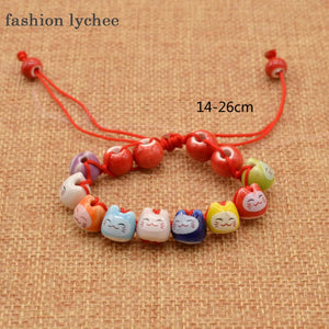 Lychee Creamic Beads Chain Charm Fortune Money Cat Red String Lucky Bracelet