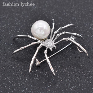Exaggerated Antique Silver Spider Brooch with Artificial Pearls