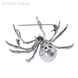 Exaggerated Antique Silver Spider Brooch with Artificial Pearls