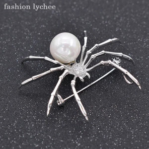 Exaggerated Antique Silver Spider Brooch with Artificial Pearls