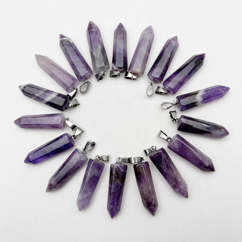 Natural Stone Charm Amethyst Crystal Pendant Necklace Jewelry Point 24pc