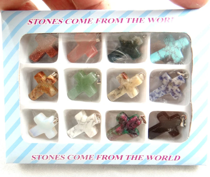 12pcs Natural Stone Carved Cross Charms Pendants for Necklaces Jewelry Making