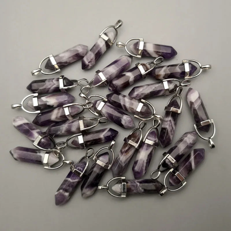 Natural Stone Wolf Tooth Stripe Pendulum Crystal Pillar Pendant 24pcs/lot