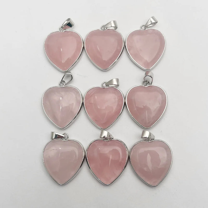Rose Quartz Stone Silver Heart Pendant Jewelry Making 10pc