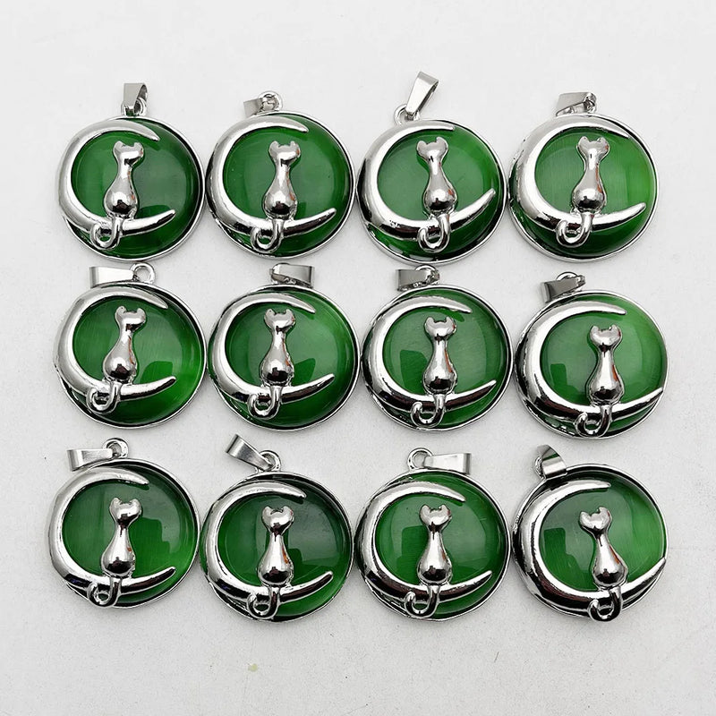 Green Natural Stone Cat Moon Necklace Pendant for Jewelry Making