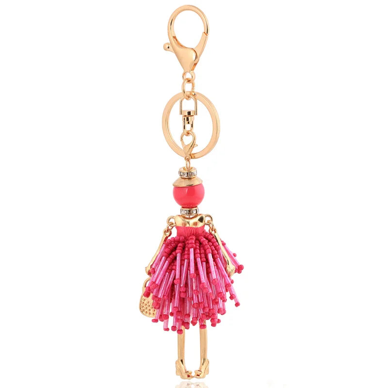 Red Rhinestone Tassel Keychain Gold Color Cute