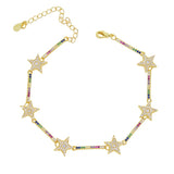 Rainbow CZ Paved Star Charm Bracelet Gold/Silver Wedding Jewelry