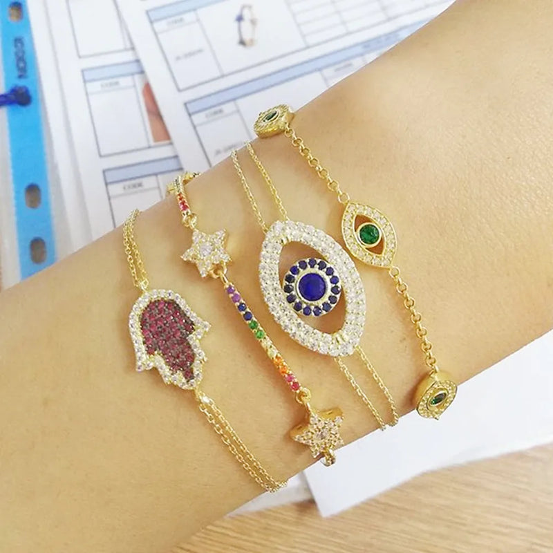Rainbow CZ Paved Star Charm Bracelet Gold/Silver Wedding Jewelry