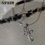 Rhinestone Cross Necklace Gothic Choker Punk Rock Jewelry