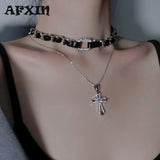 Rhinestone Cross Necklace Gothic Choker Punk Rock Jewelry