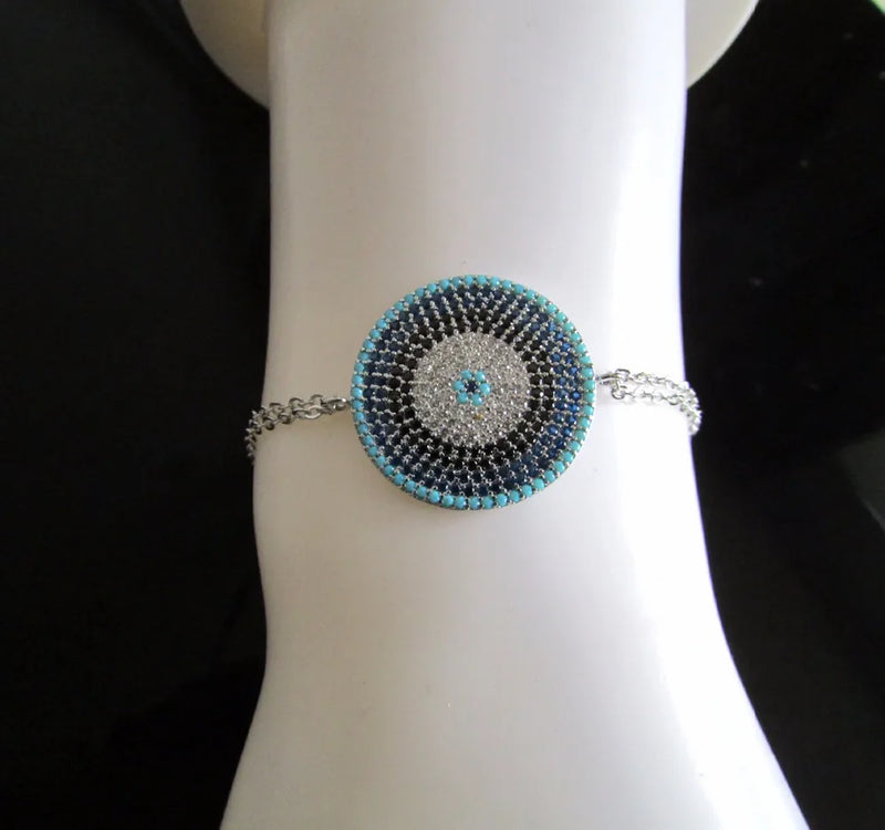 Colorful CZ Disc Bracelet with Double Chain, Adjustable Size