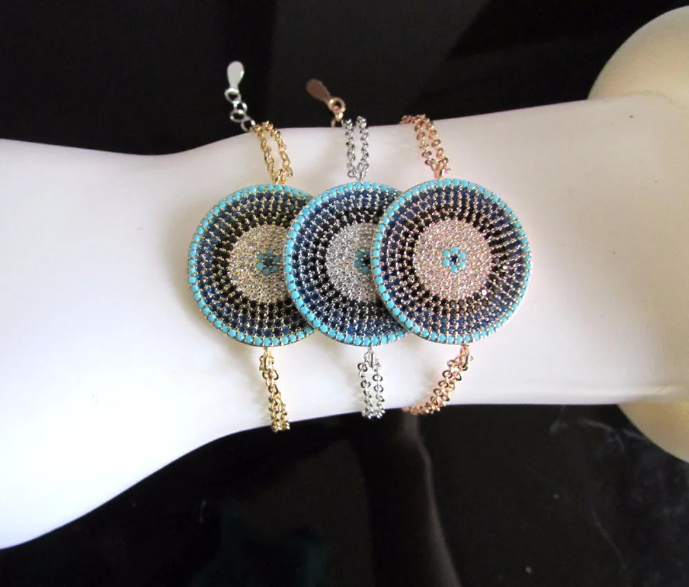 Colorful CZ Disc Bracelet with Double Chain, Adjustable Size