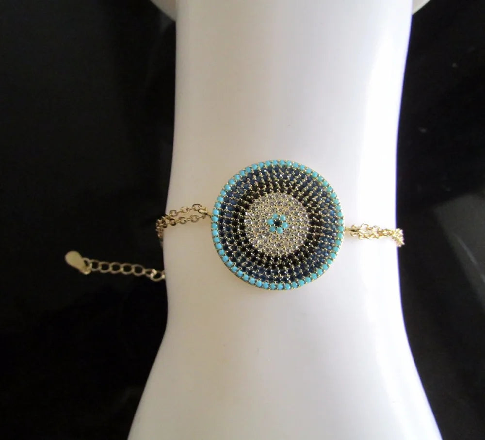 Colorful CZ Disc Bracelet with Double Chain, Adjustable Size