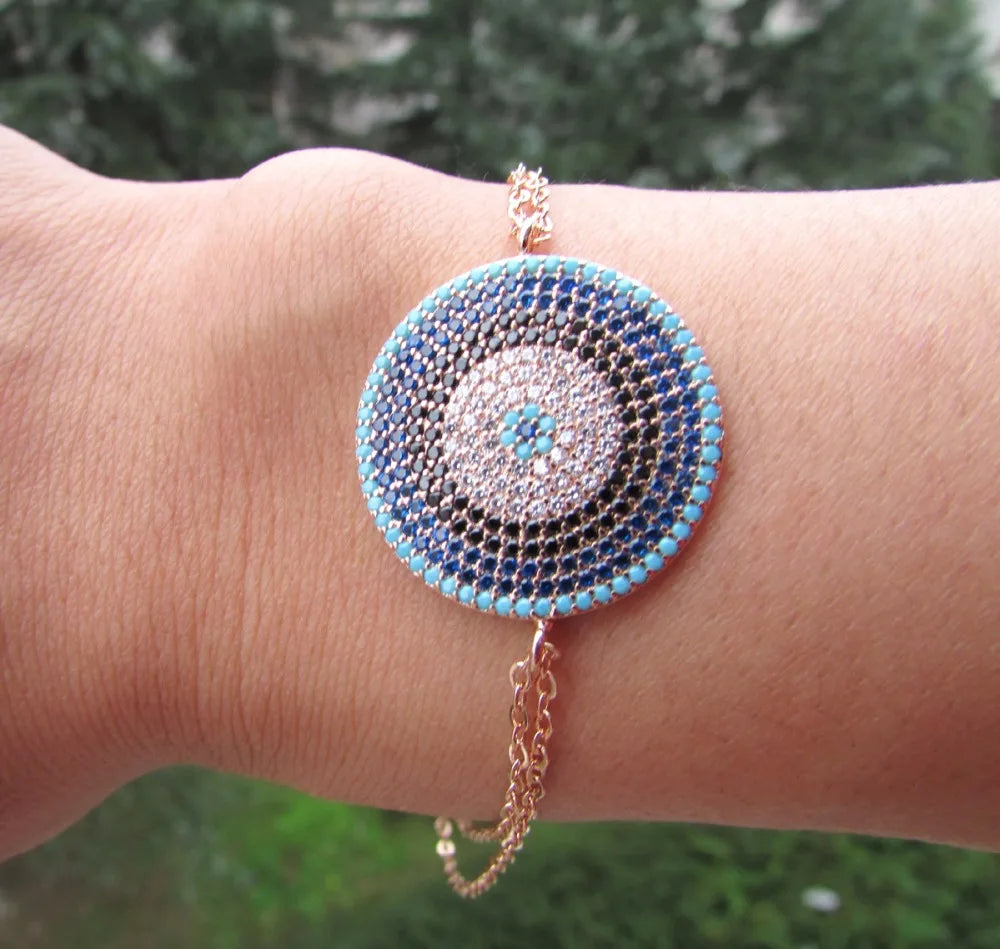 Colorful CZ Disc Bracelet with Double Chain, Adjustable Size