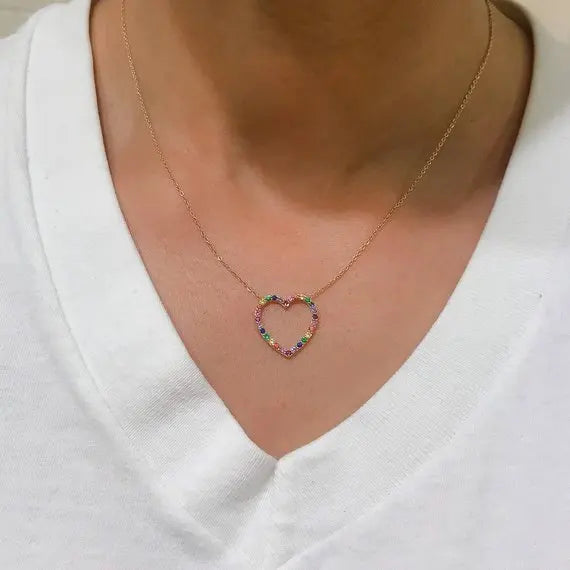 925 Silver Rainbow CZ Heart Pendant Necklace