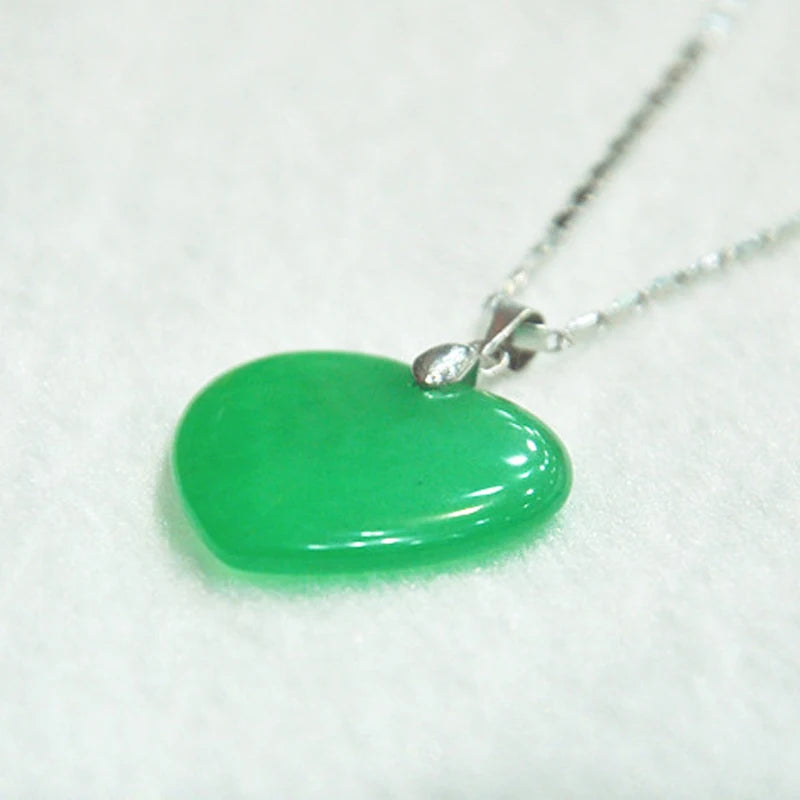 Heart Shape Green Jade Silver Pendant Necklace