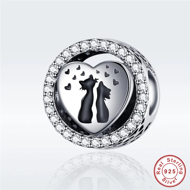 925 Silver Kissing Heart Couple Cats Beads S925 Romantic Cat Charms