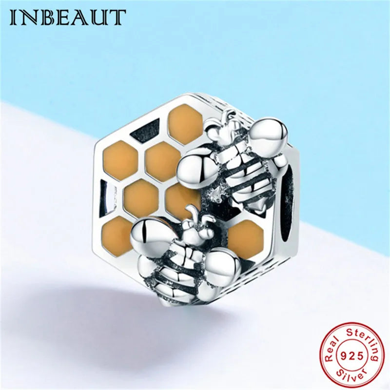 S925 Honeybee Charm 925 Sterling Silver Bee Brown Enamel Beads Bracelet