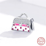 Europe Bracelet Silver 925 CZ Pink Bow Handbag Beads S925 Enamel Knot Bag Charms