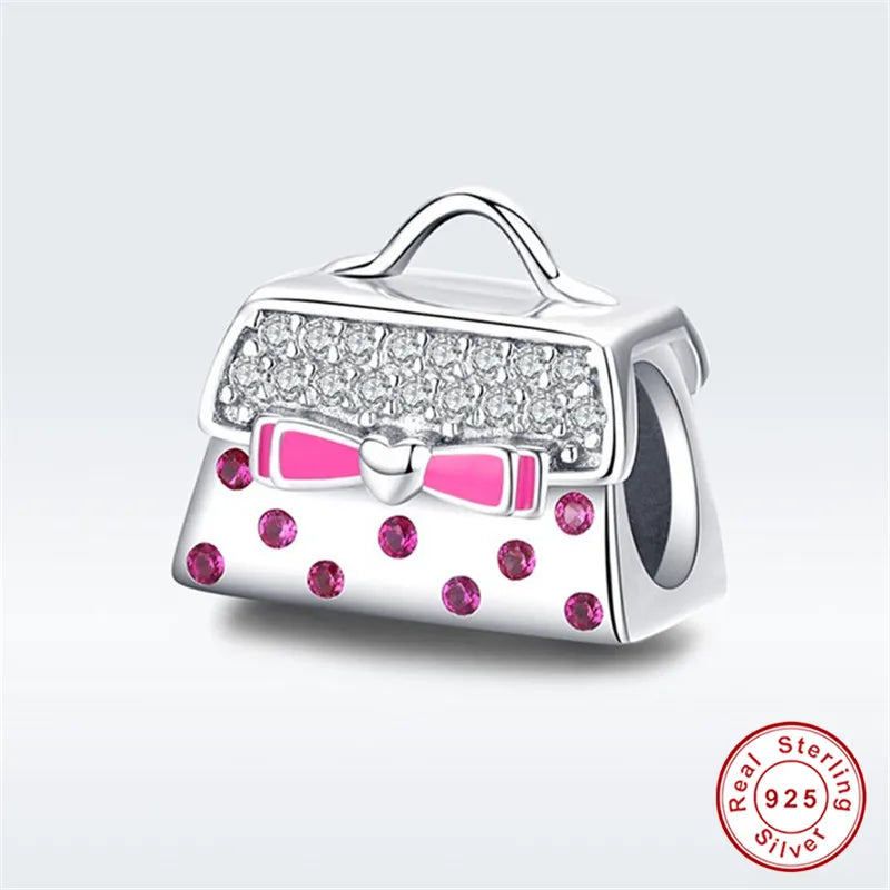 Europe Bracelet Silver 925 CZ Pink Bow Handbag Beads S925 Enamel Knot Bag Charms