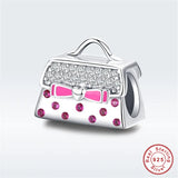 Europe Bracelet Silver 925 CZ Pink Bow Handbag Beads S925 Enamel Knot Bag Charms