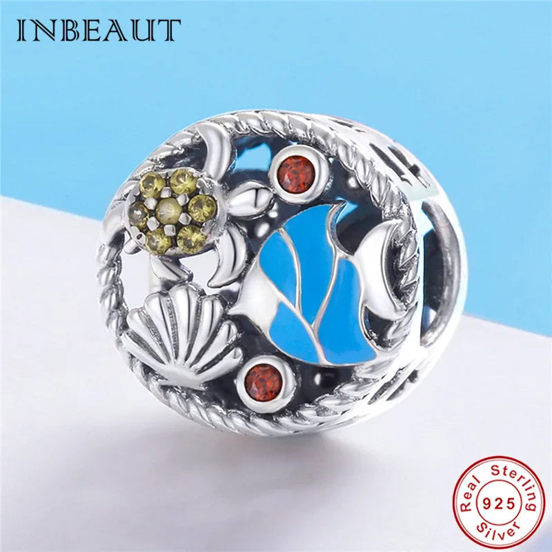 Ocean Fish Shell Beads Bracelet 925 Silver Swimming Sea Turtle Necklace
