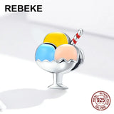 Enamel Beads Ice Cream Charm Bangle Bracelet 925 Sterling Silver Jewelry