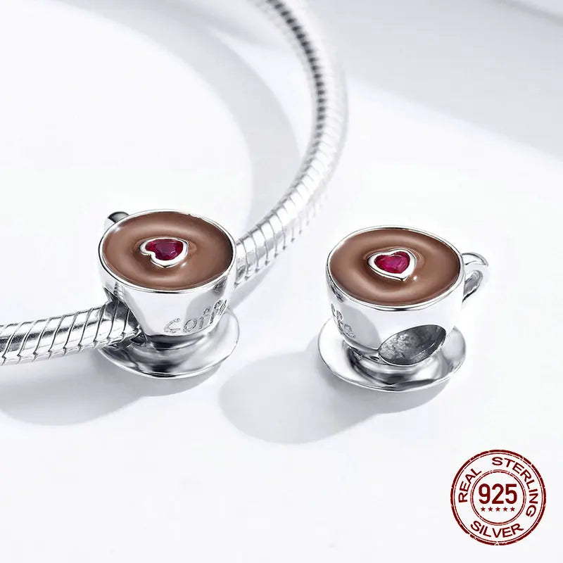 Coffee Beads Charms 925 Sterling Silver Bangle Charm Bracelet for Women