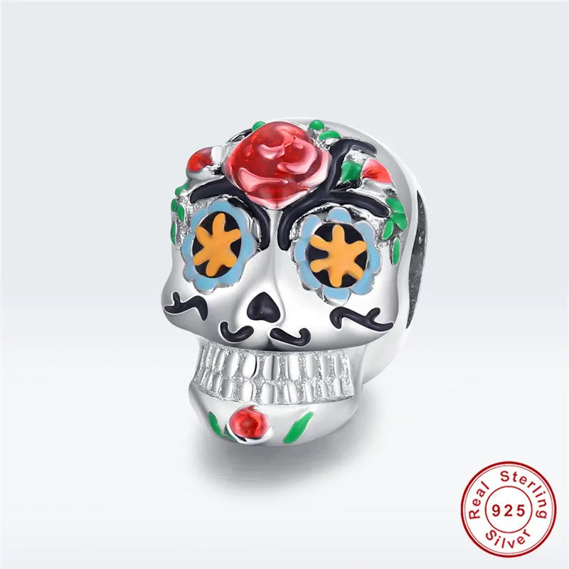 925 Sterling Silver Halloween Flower Skull Metal Beads Women Bangle Charm