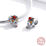 925 Sterling Silver Halloween Flower Skull Metal Beads Women Bangle Charm