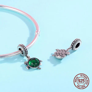 Sea Turtle Charm Bracelet with Crystal Glass, 925 Sterling Silver Pendant