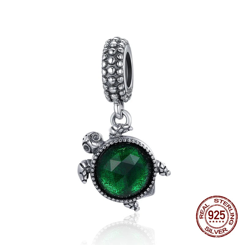 Sea Turtle Charm Bracelet with Crystal Glass, 925 Sterling Silver Pendant
