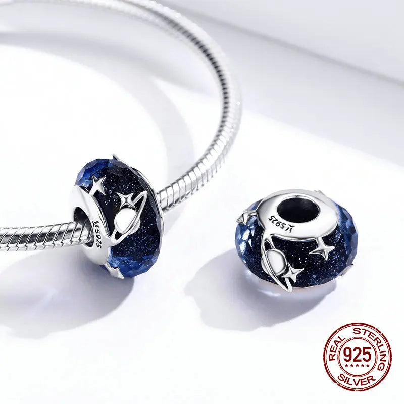 925 Sterling Silver Charm Bracelet Bangle with Glass Beads