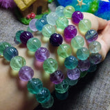 Fluorite Carved Round Beads Bracelet 7.5inch