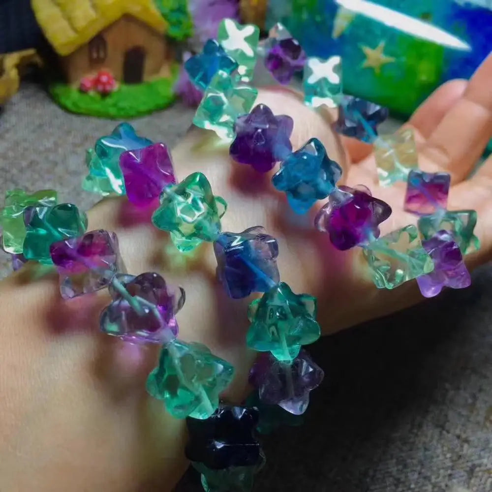 Fluorite Carved Square Flower Multicolor 8mm Bracelet 7.5inch