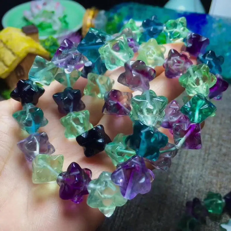 Fluorite Carved Square Flower Multicolor 8mm Bracelet 7.5inch