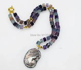 Purple Fluorite Roundel Necklace Pendant Shell Gemstone Beads 19 Inch