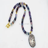 Purple Fluorite Roundel Necklace Pendant Shell Gemstone Beads 19 Inch