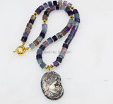 Purple Fluorite Roundel Necklace Pendant Shell Gemstone Beads 19 Inch
