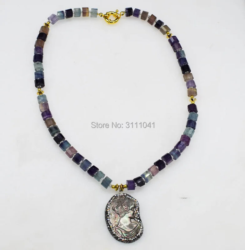 Purple Fluorite Roundel Necklace Pendant Shell Gemstone Beads 19 Inch