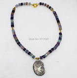 Purple Fluorite Roundel Necklace Pendant Shell Gemstone Beads 19 Inch