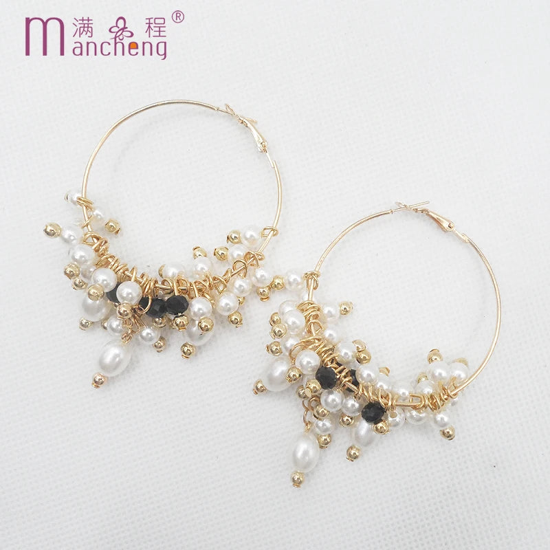 Vintage Pearl Crystal Hoop Earrings 50MM Women